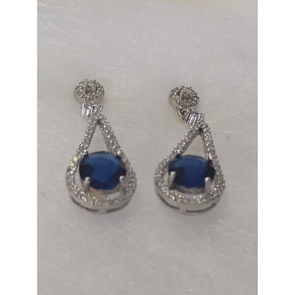 Women's Sterling Silver Blue Sapphire & Cubic Zirconia Bridal Earrings NEW - Picture 7 of 13